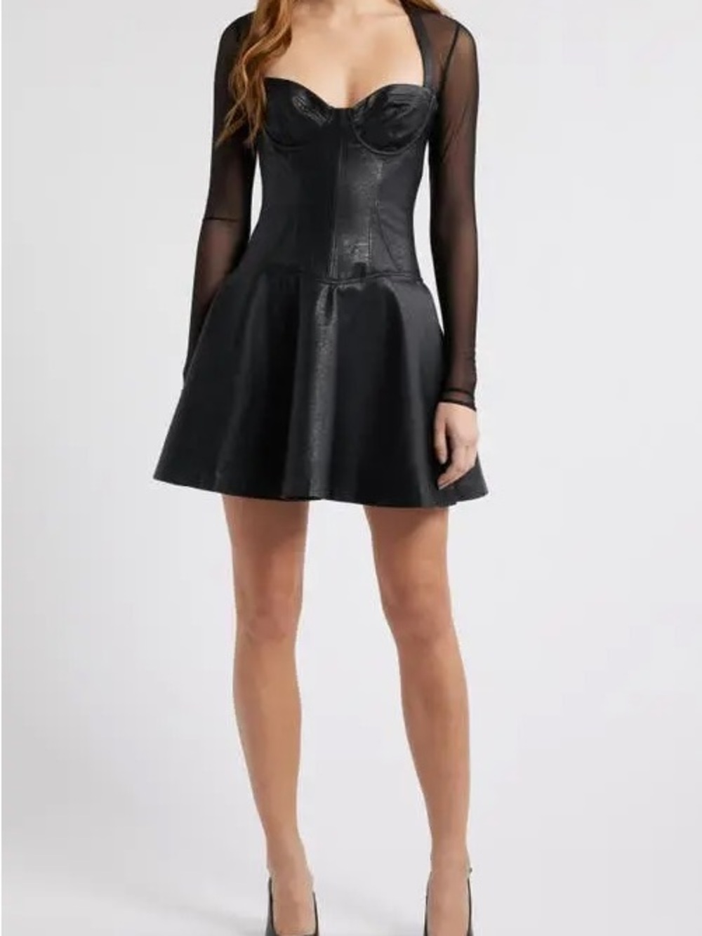 Mistress Rocks Faux-Leather Black Fit-and-Flare Mini Dress with Sheer Sleeves